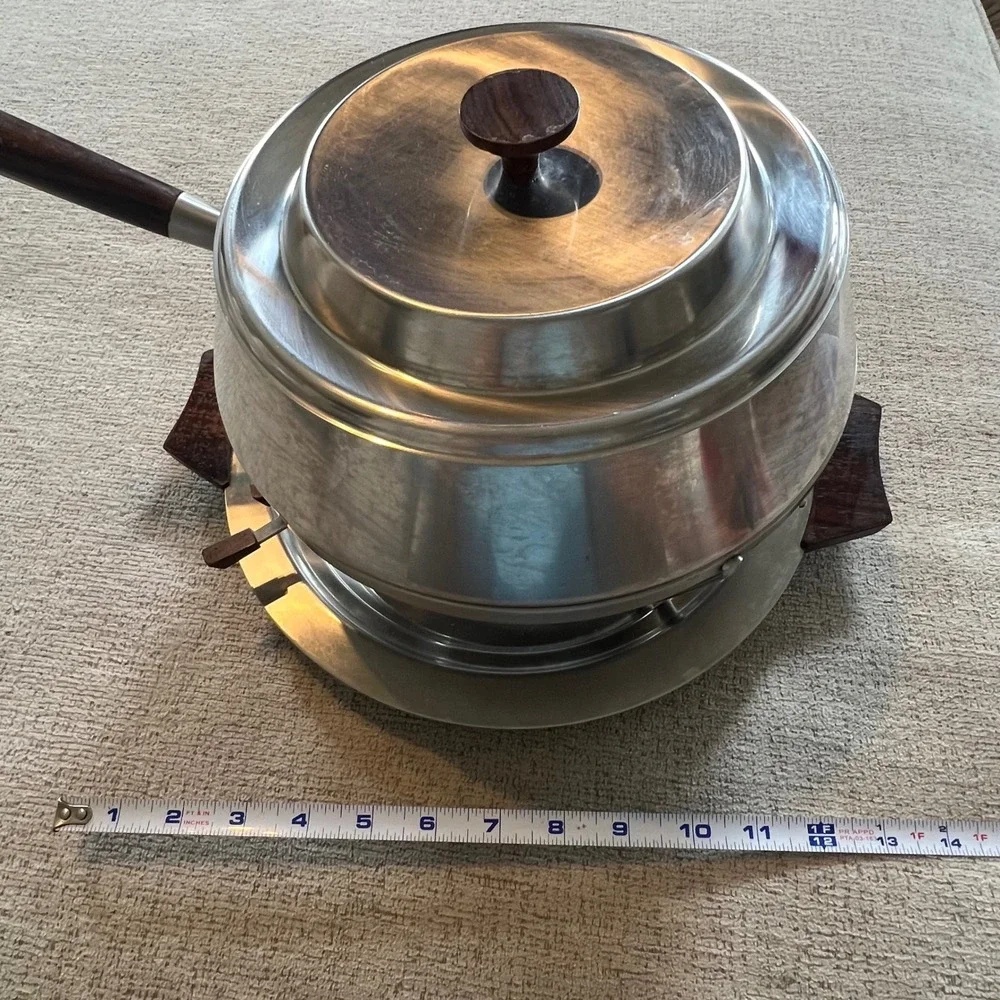 Vintage MCM Stainless Steel Fondue Set Wood Handles 18 Numbered‎ Forks Retro 70s